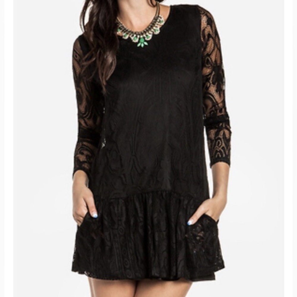 LOVERS + FRIENDS black long sleeve lace Mini dress XS Drop Waist Date Night Club